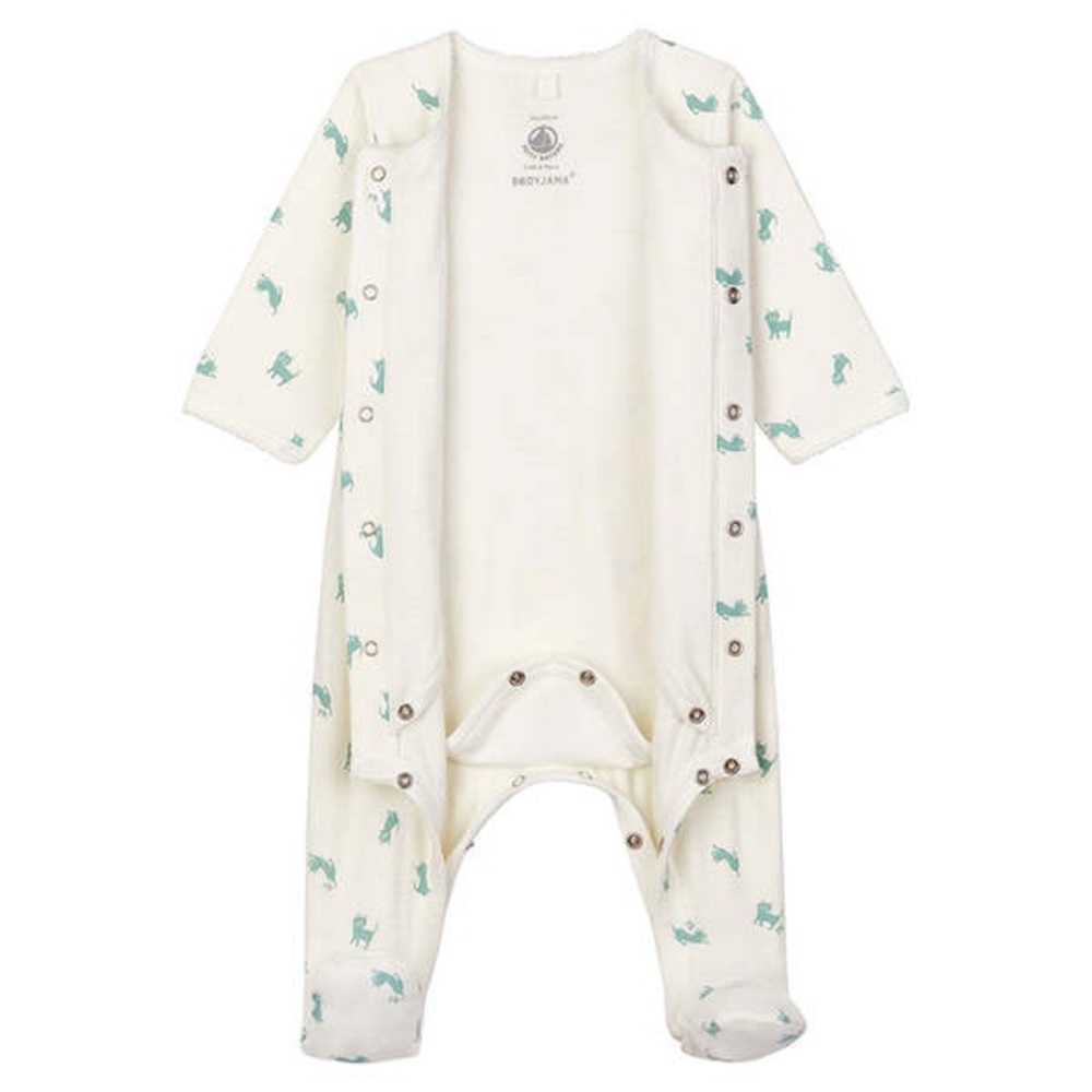 Petit Bateau Bodypyjama Cotton Baby Pyjama Footie 9M - Green Cat Print - Picture 4 of 11